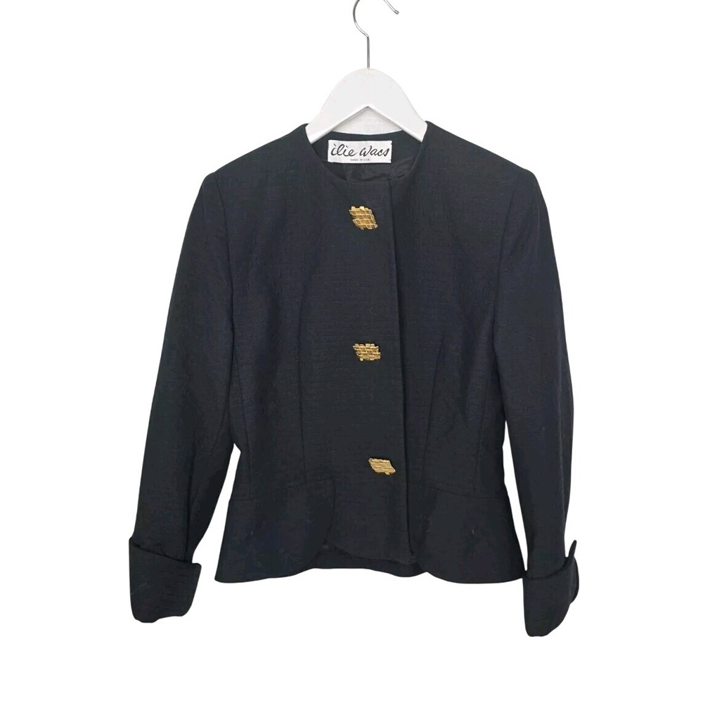 Ilie Wacs VTG Crop Blazer 8 Med‎ Black Scallop Hem Gold Buttons USA Old Money
